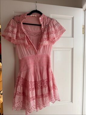 LoveShackFancy Pink Lace Crochet Mini Dress